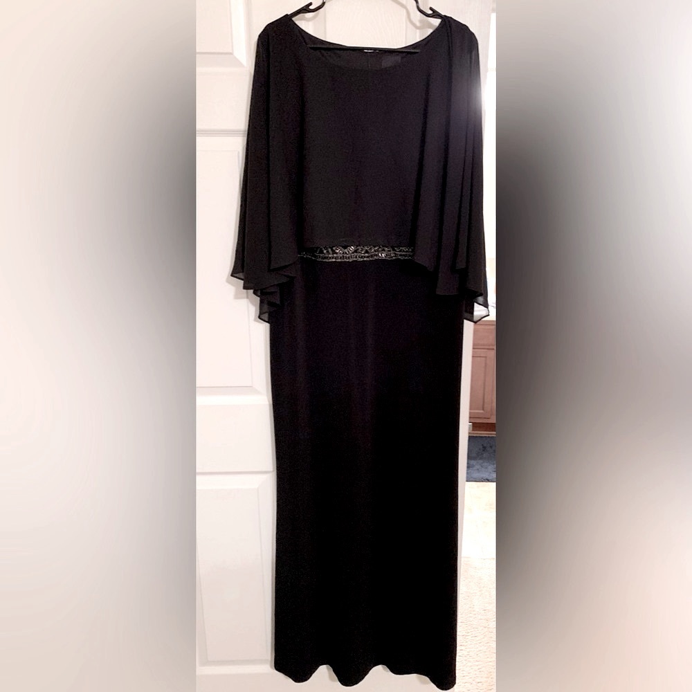 Long black dress w/ jeweled waist, sheer cape attached to top of dress